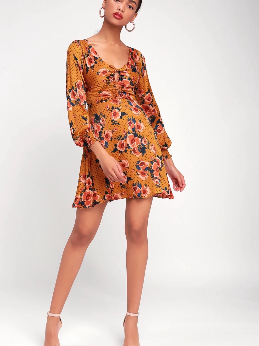 Free People Mustard Floral Tie-Front Mini Dress